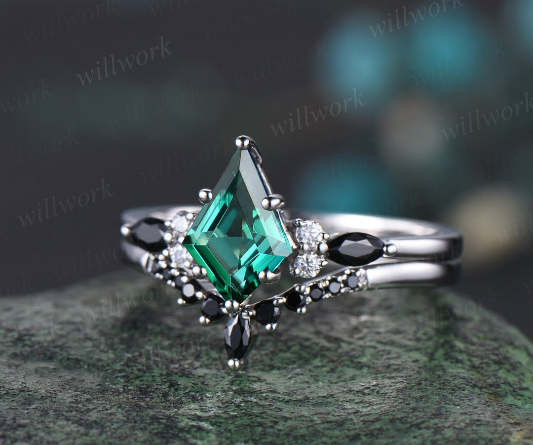 Kite emerald ring 6 prong emerald engagement ring set solid 14k white gold marquise black stone ring set women bridal set jewelry
