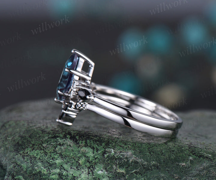 Unique kite alexandrite engagement ring set solid 14k white gold marquise black stone ring set women wedding bridal set jewelry