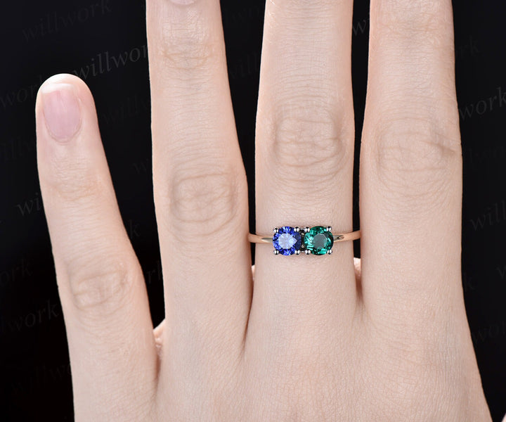 Vintage sapphire emerald Toi et Moi ring dainty two stone ring white yellow two tone gold ring unique promise anniversary ring women