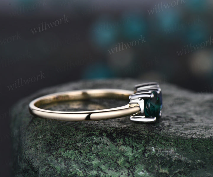 Vintage sapphire emerald Toi et Moi ring dainty two stone ring white yellow two tone gold ring unique promise anniversary ring women