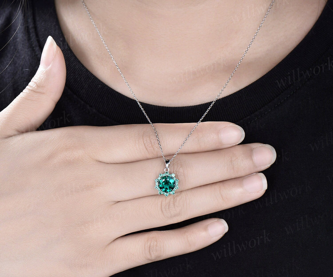 Round cut green emerald necklace white gold unique snowdrift halo emerald pendant women May birthstone jewelry gift for her