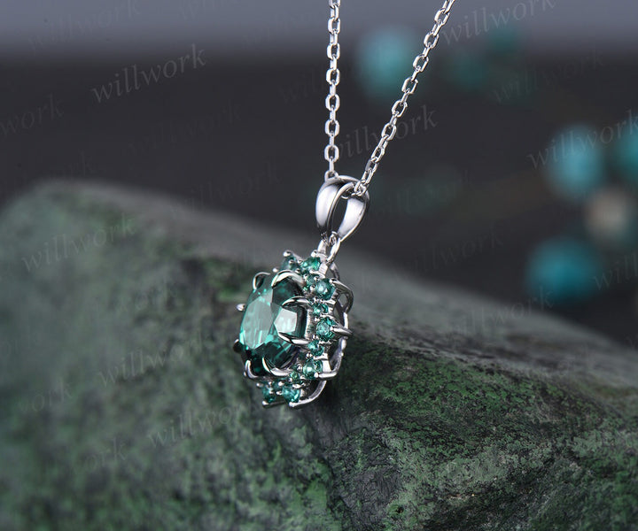 Round cut green emerald necklace white gold unique snowdrift halo emerald pendant women May birthstone jewelry gift for her