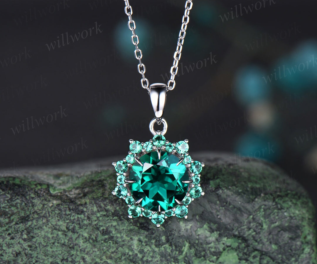 Round cut green emerald necklace white gold unique snowdrift halo emerald pendant women May birthstone jewelry gift for her