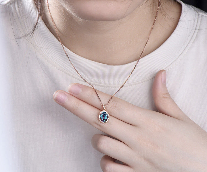 2ct oval cut alexandrite necklace solid 14k rose gold vintage unique halo diamond necklace pendant women June birthstone anniversary gift
