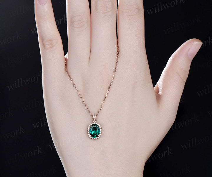 2ct oval cut green emerald necklace solid 14k rose gold vintage unique halo diamond necklace pendant women May birthstone anniversary gift