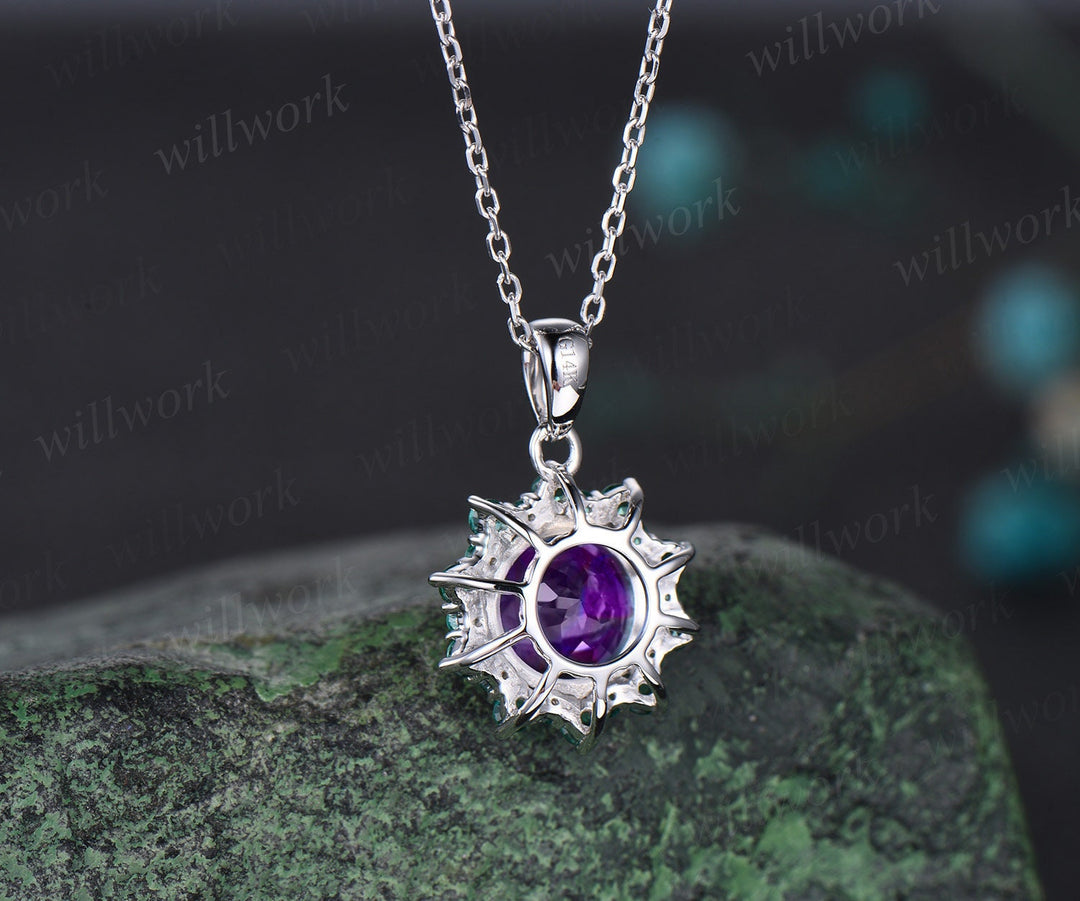 Vintage round purple amethyst necklace 8 prong snowdrift halo emerald pendant for women solid 14k white gold February birthstone gift her