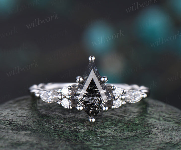 Vintage kite black rutilated quartz engagement ring solid 14k white gold Celtic knot Twisted diamond anniversary bridal ring set women
