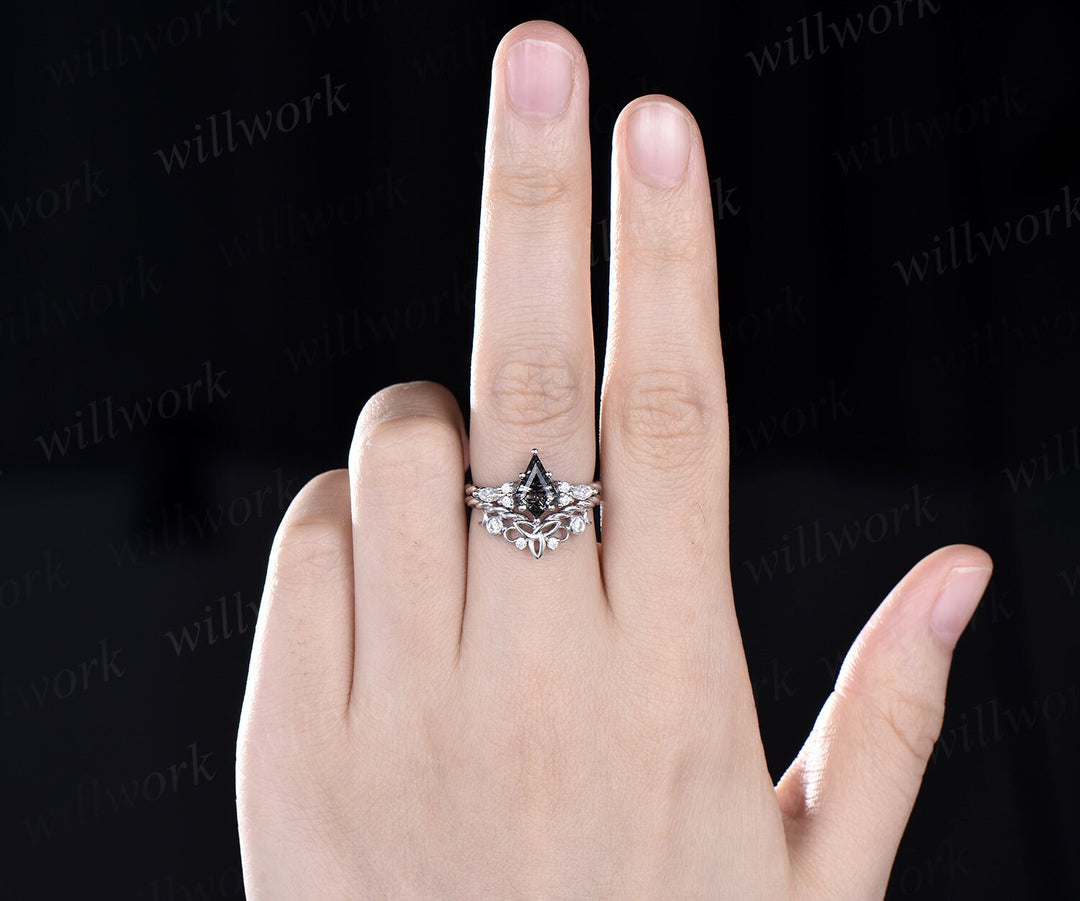 Vintage kite black rutilated quartz engagement ring solid 14k white gold Celtic knot Twisted diamond anniversary bridal ring set women
