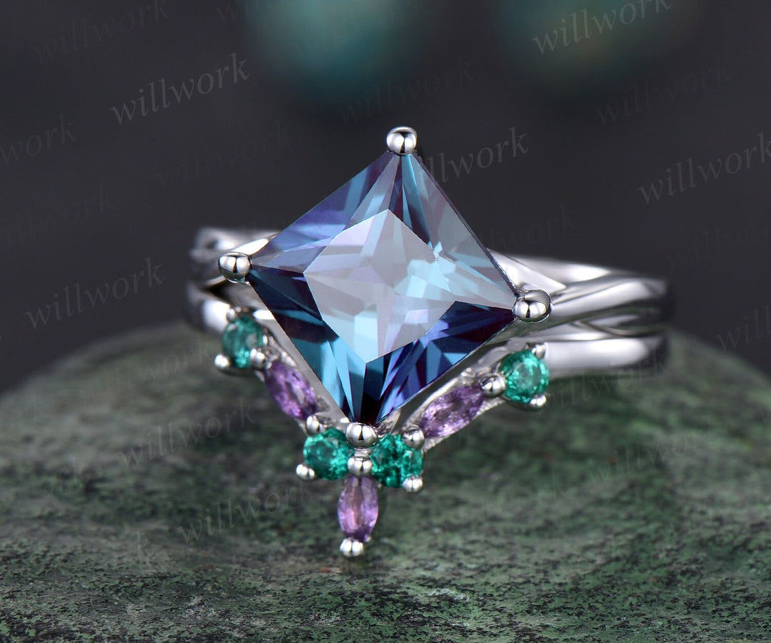 Unique princess Alexandrite engagement ring solid 14k white gold marquise amethyst emerald twisted promise wedding ring set women jewelry