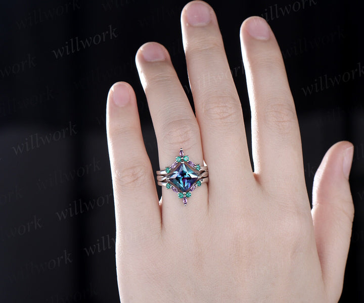 Unique princess Alexandrite engagement ring solid 14k white gold marquise amethyst emerald twisted promise wedding ring set women jewelry