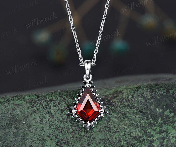 Unique kite cut red garnet necklace solid 14k rose gold halo black diamond pendant for women January birthstone mother anniversary gift