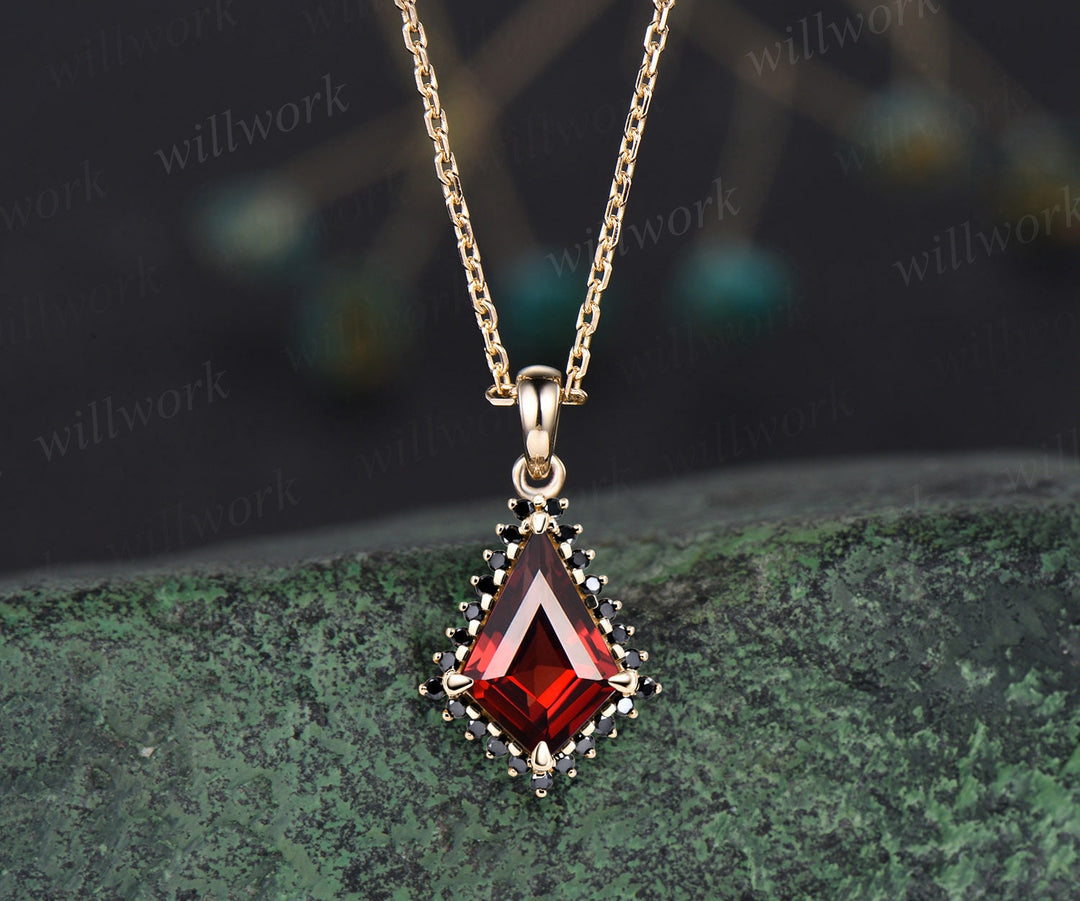Unique kite cut red garnet necklace solid 14k rose gold halo black diamond pendant for women January birthstone mother anniversary gift