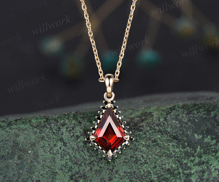 Unique kite cut red garnet necklace solid 14k rose gold halo black diamond pendant for women January birthstone mother anniversary gift