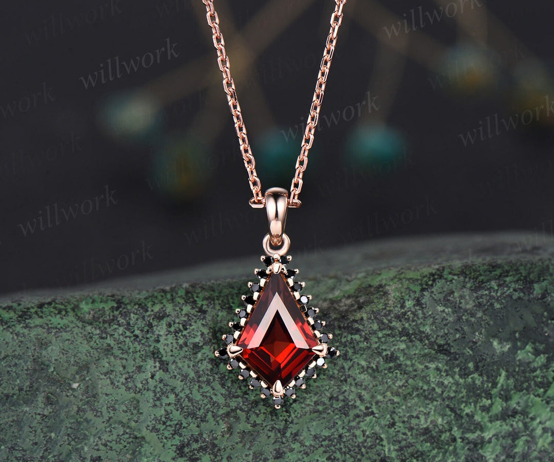 Unique kite cut red garnet necklace solid 14k rose gold halo black diamond pendant for women January birthstone mother anniversary gift
