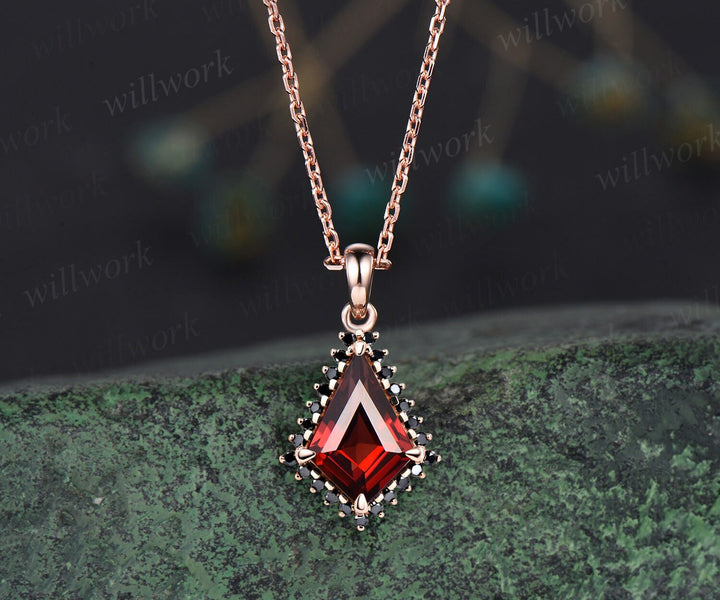 Unique kite cut red garnet necklace solid 14k rose gold halo black diamond pendant for women January birthstone mother anniversary gift