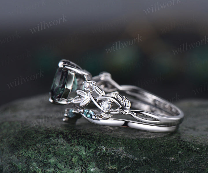 Princess cut green moss agate engagement ring 14k white gold five stone leaf branch Nature inspired bridal ring set women gift