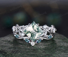 Princess cut green moss agate engagement ring 14k white gold five stone leaf branch Nature inspired bridal ring set women gift