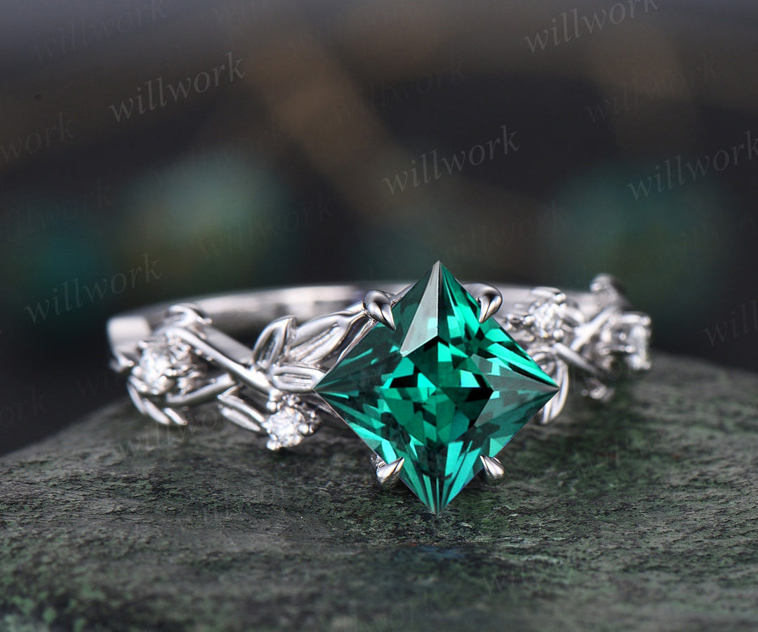 Princess cut green emerald engagement ring set 14k white gold five stone leaf branch Nature inspired ring diamond bridal ring set women gift