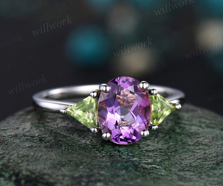Oval purple amethyst ring three stone Trillion peridot ring white gold unique engagement ring matching twisted bridal wedding ring set women