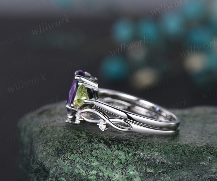 Oval purple amethyst ring three stone Trillion peridot ring white gold unique engagement ring matching twisted bridal wedding ring set women