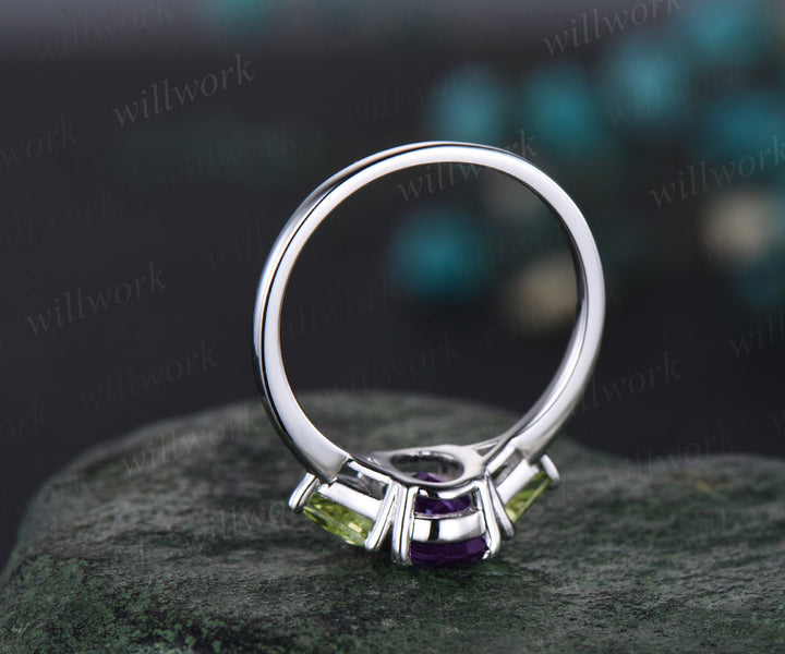 Oval purple amethyst ring three stone Trillion peridot ring white gold unique engagement ring matching twisted bridal wedding ring set women