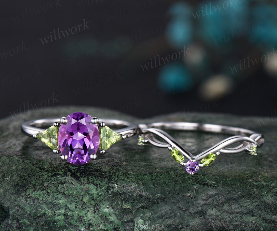 Oval purple amethyst ring three stone Trillion peridot ring white gold unique engagement ring matching twisted bridal wedding ring set women