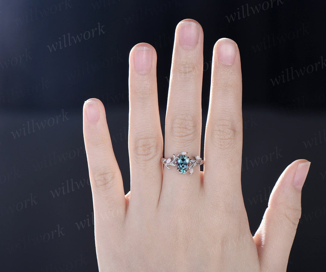 Oval Alexandrite ring vintage leaf marquise opal ring rose gold five stone unique nature inspired engagement ring twig wedding ring women