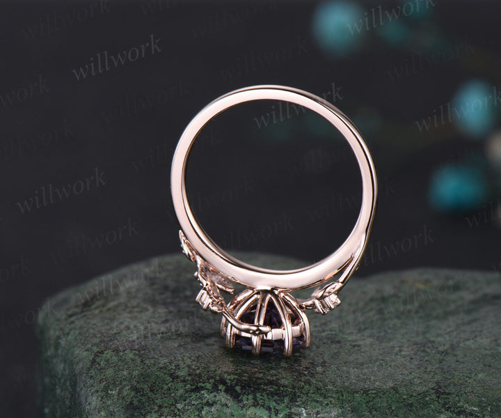 Octagon Alexandrite ring vintage five stone moonstone ring leaf nature inspired unique engagement ring rose gold antique wedding ring women