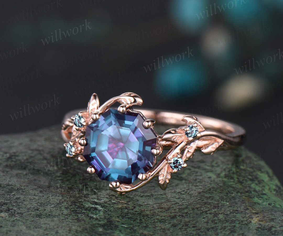 Octagon Alexandrite ring vintage five stone moonstone ring leaf nature inspired unique engagement ring rose gold antique wedding ring women