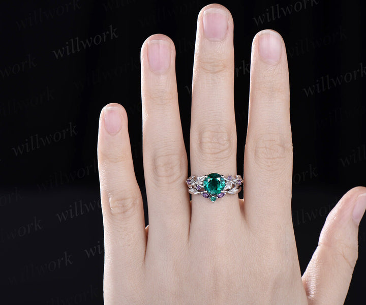 2ct Twig round green emerald engagement ring set 14k white gold five stone leaf branch Nature inspired amethyst wedding ring set for women