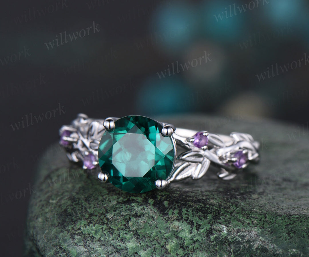 2ct Twig round green emerald engagement ring set 14k white gold five stone leaf branch Nature inspired amethyst wedding ring set for women