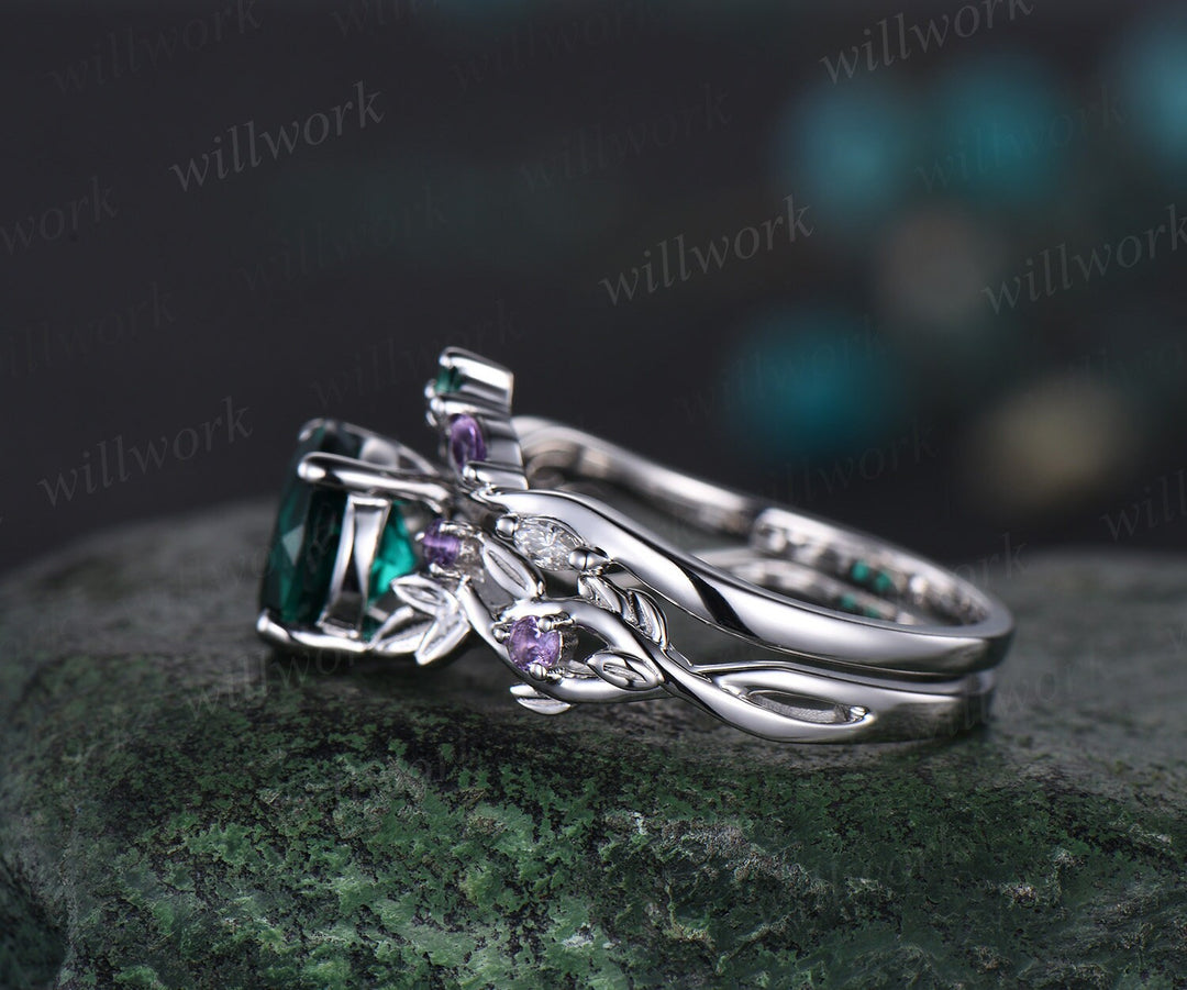 2ct Twig round green emerald engagement ring set 14k white gold five stone leaf branch Nature inspired amethyst wedding ring set for women