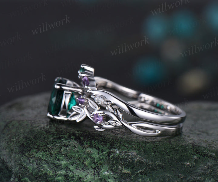2ct Twig round green emerald engagement ring set 14k white gold five stone leaf branch Nature inspired amethyst wedding ring set for women