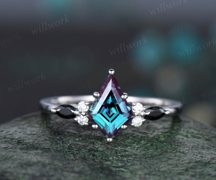 Unique kite alexandrite engagement ring set solid 14k white gold marquise black stone ring set women wedding bridal set jewelry