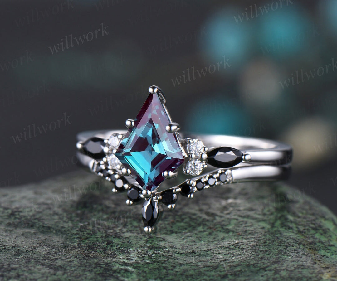 Unique kite alexandrite engagement ring set solid 14k white gold marquise black stone ring set women wedding bridal set jewelry