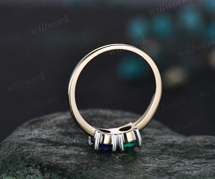 Vintage sapphire emerald Toi et Moi ring dainty two stone ring white yellow two tone gold ring unique promise anniversary ring women