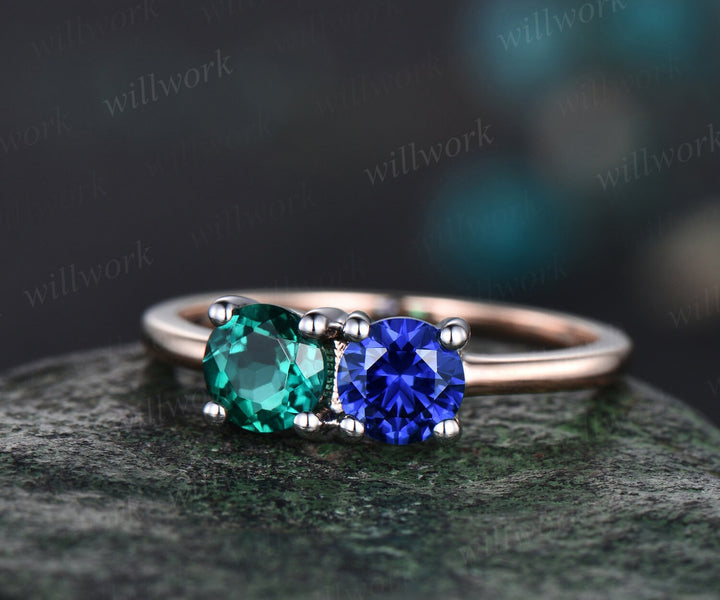 Vintage sapphire emerald Toi et Moi ring dainty two stone ring white yellow two tone gold ring unique promise anniversary ring women