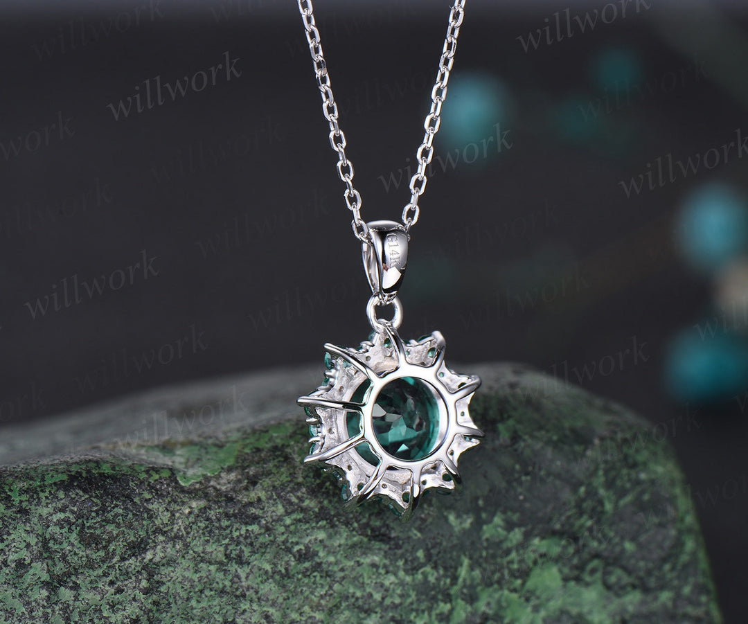 Round cut green emerald necklace white gold unique snowdrift halo emerald pendant women May birthstone jewelry gift for her