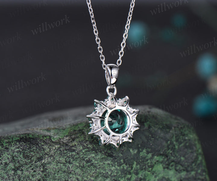 Round cut green emerald necklace white gold unique snowdrift halo emerald pendant women May birthstone jewelry gift for her