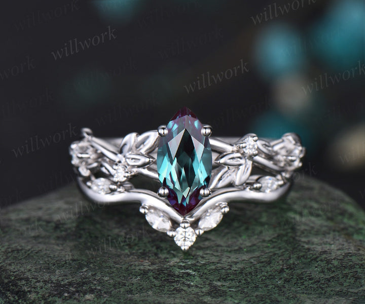 Vintage marquise cut alexandrite engagement ring women twig leaf Nature inspired white gold ring branch diamond bridal ring set gift