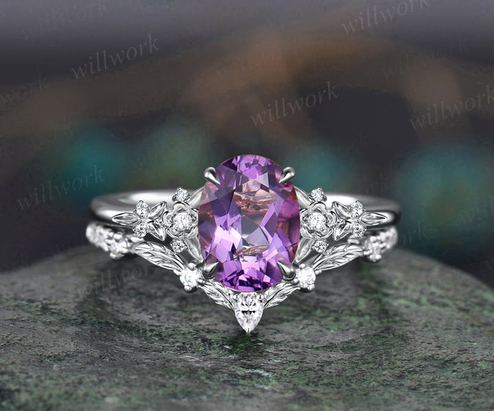 Vintage oval purple Amethyst engagement ring set 14k rose gold leaf floral nature inspired diamond ring unique promise wedding ring women