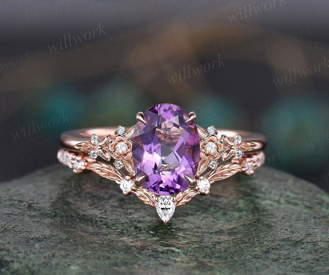 Vintage oval purple Amethyst engagement ring set 14k rose gold leaf floral nature inspired diamond ring unique promise wedding ring women