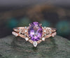 Vintage oval purple Amethyst engagement ring set 14k rose gold leaf floral nature inspired diamond ring unique promise wedding ring women