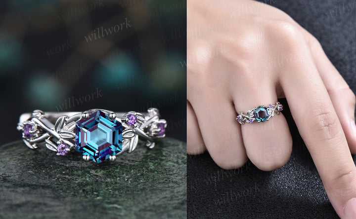 Twig Alexandrite ring vintage hexagon cut Alexandrite engagement ring white gold leaf amethyst ring June birthstone ring anniversary ring