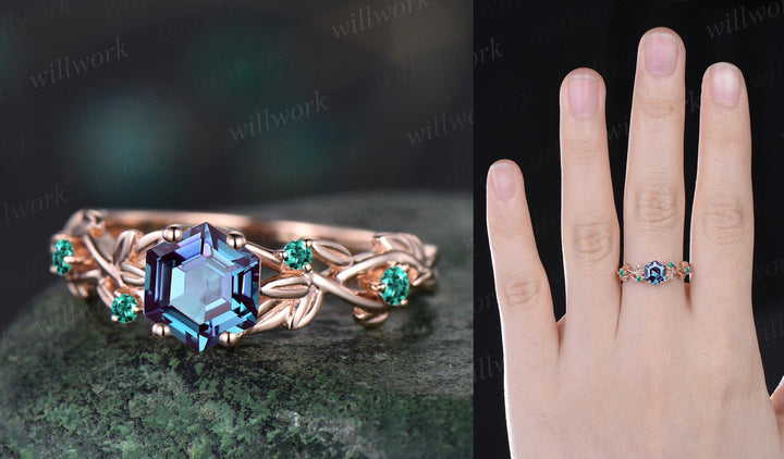 Twig Alexandrite ring vintage hexagon cut Alexandrite engagement ring white gold leaf amethyst ring June birthstone ring anniversary ring