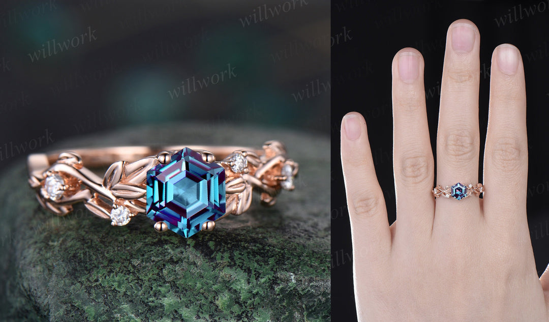 Twig Alexandrite ring vintage hexagon cut Alexandrite engagement ring white gold leaf amethyst ring June birthstone ring anniversary ring