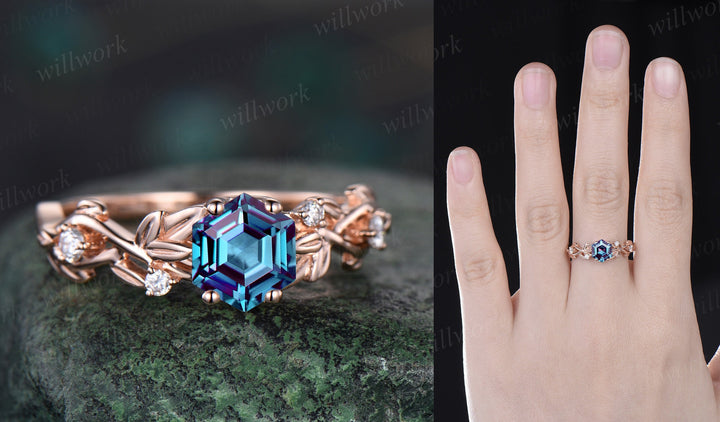 Twig Alexandrite ring vintage hexagon cut Alexandrite engagement ring white gold leaf amethyst ring June birthstone ring anniversary ring