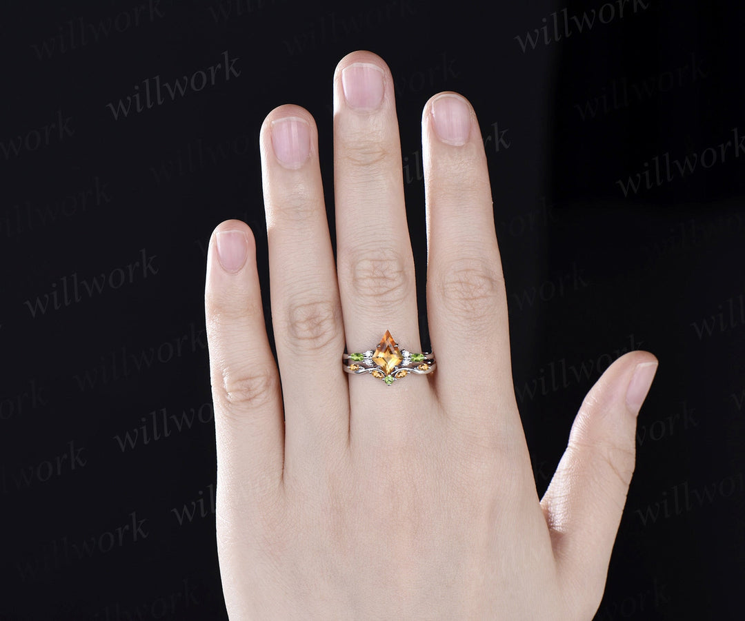Vintage kite cut yellow citrine engagement ring solid 14k white gold peridot ring women gemstone crystal ring unique bridal set claw prong