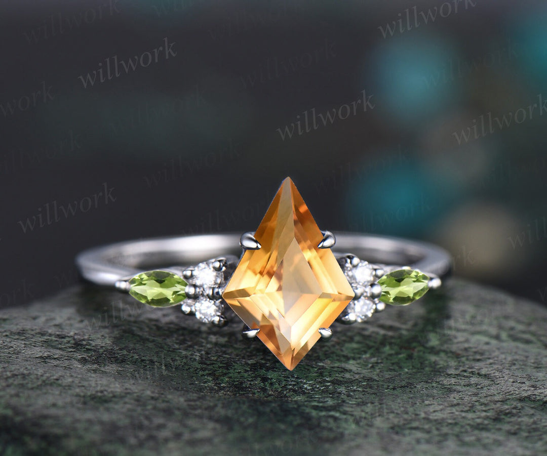 Vintage kite cut yellow citrine engagement ring solid 14k white gold peridot ring women gemstone crystal ring unique bridal set claw prong