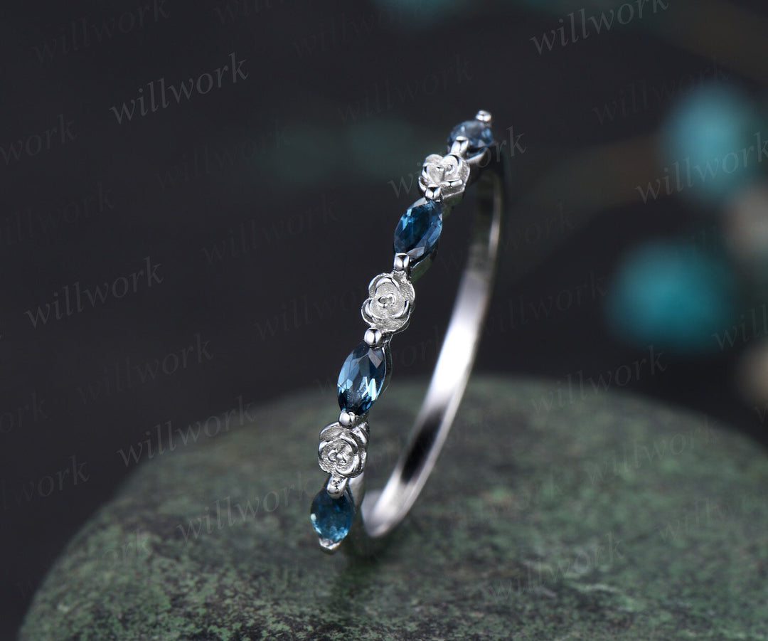 Flower marquise cut London blue topaz wedding band solid 14k rose gold half eternity stacking art deco bridal wedding anniversary ring gift